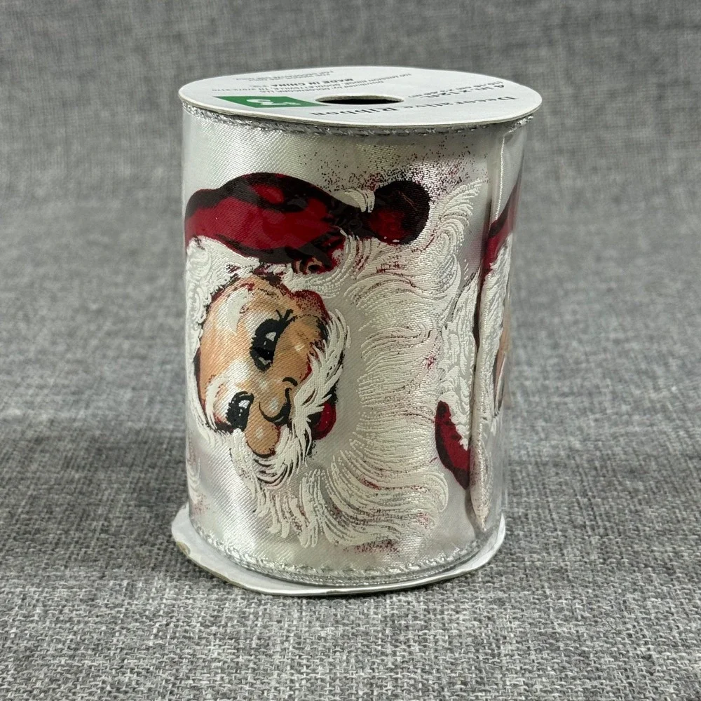 Santa Claus Wired Ribbon Silver Metallic Edge 4in x 12ft New Kitsch Christmas